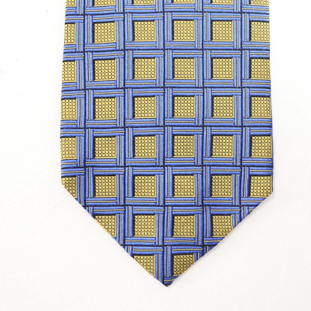 Jos A Banks Tie Mens 59 in Silk Blu Gold Geo 3D Recessed Square Frames Cool